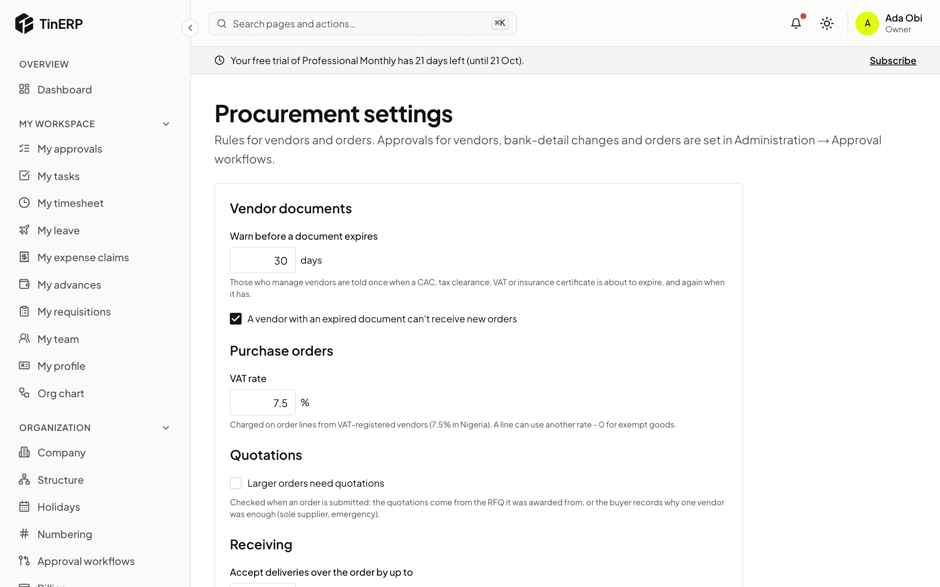 Procurement settings: vendor documents, orders, quotations, receiving and vendor invoices